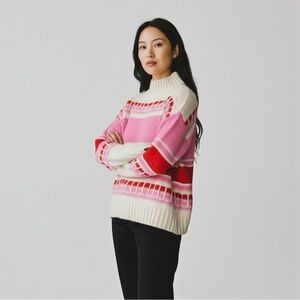 En Merci Women’s Margot Mock Neck Cable Detail Sweater In Pink/Red Multi Size L